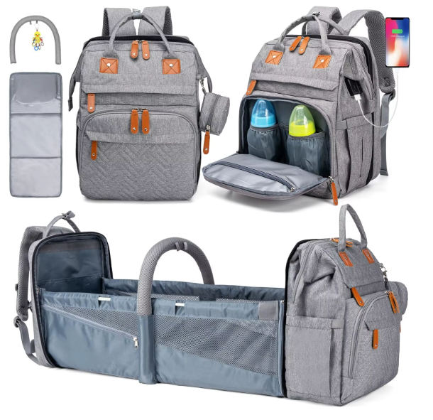 Sac à Langer Convertible avec Berceau Intégré – Gris Chiné