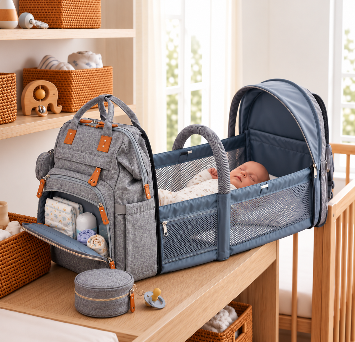 Sac à Langer Convertible avec Berceau Intégré – Gris Chiné
