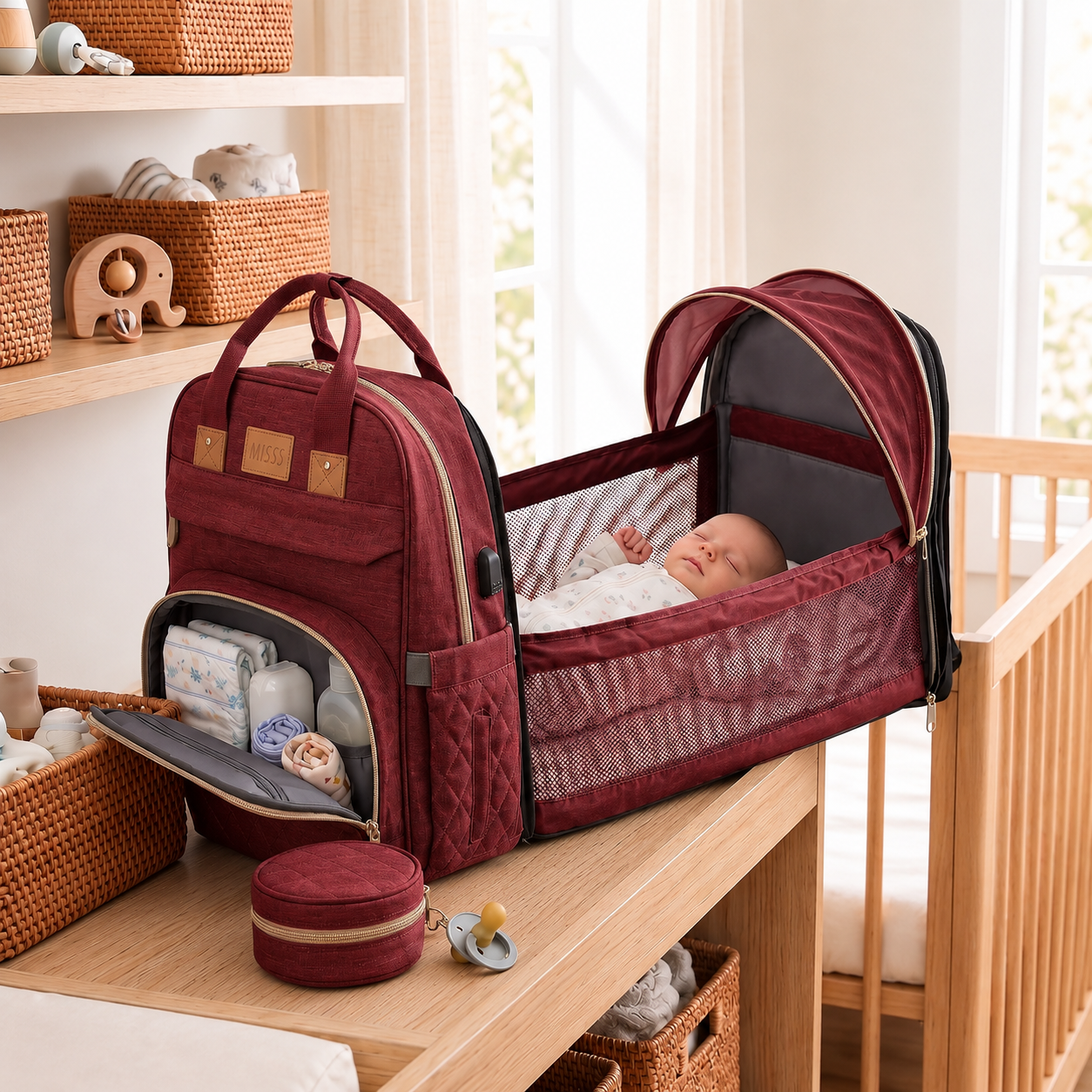 Sac à Langer Convertible avec Berceau Intégré – Rouge Bordeaux