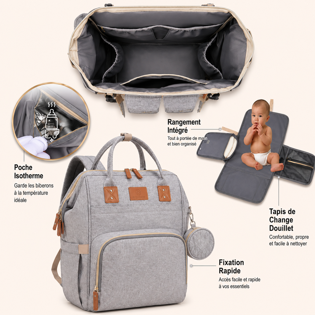 Sac à dos à langer gris - Grande capacité & Isotherme