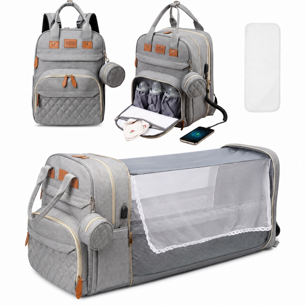 Sac à Langer Convertible avec Berceau Intégré – Gris Chiné