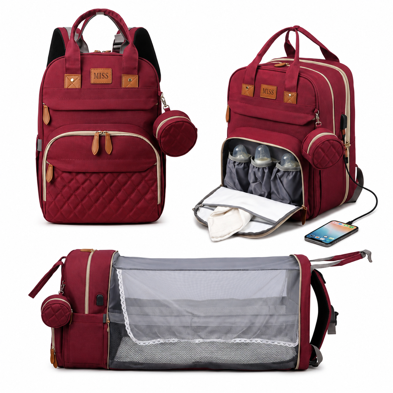 Sac à Langer Convertible avec Berceau Intégré – Rouge Bordeaux
