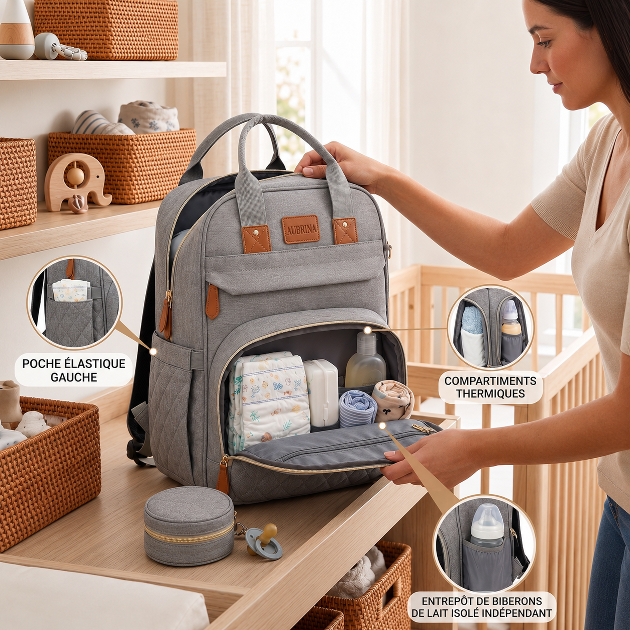 Sac à Langer Convertible avec Berceau Intégré – Gris Chiné