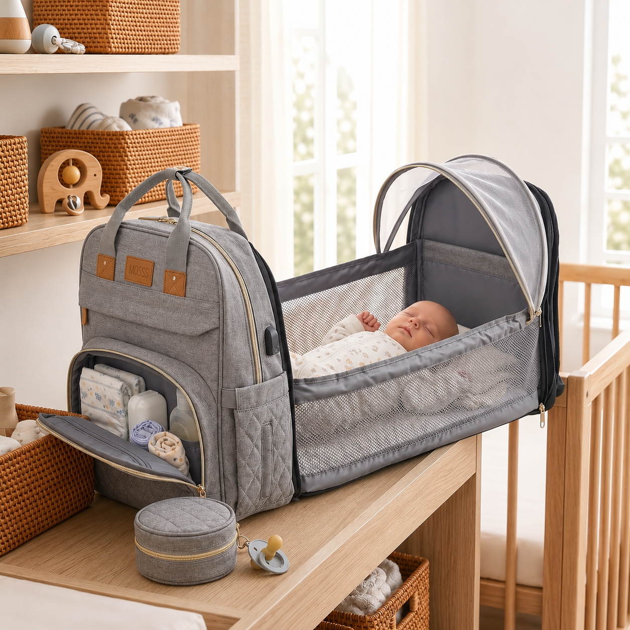 Sac à Langer Convertible avec Berceau Intégré – Gris Chiné