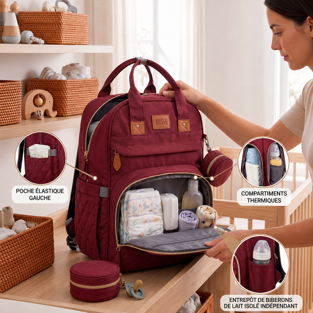 Sac à Langer Convertible avec Berceau Intégré – Rouge Bordeaux