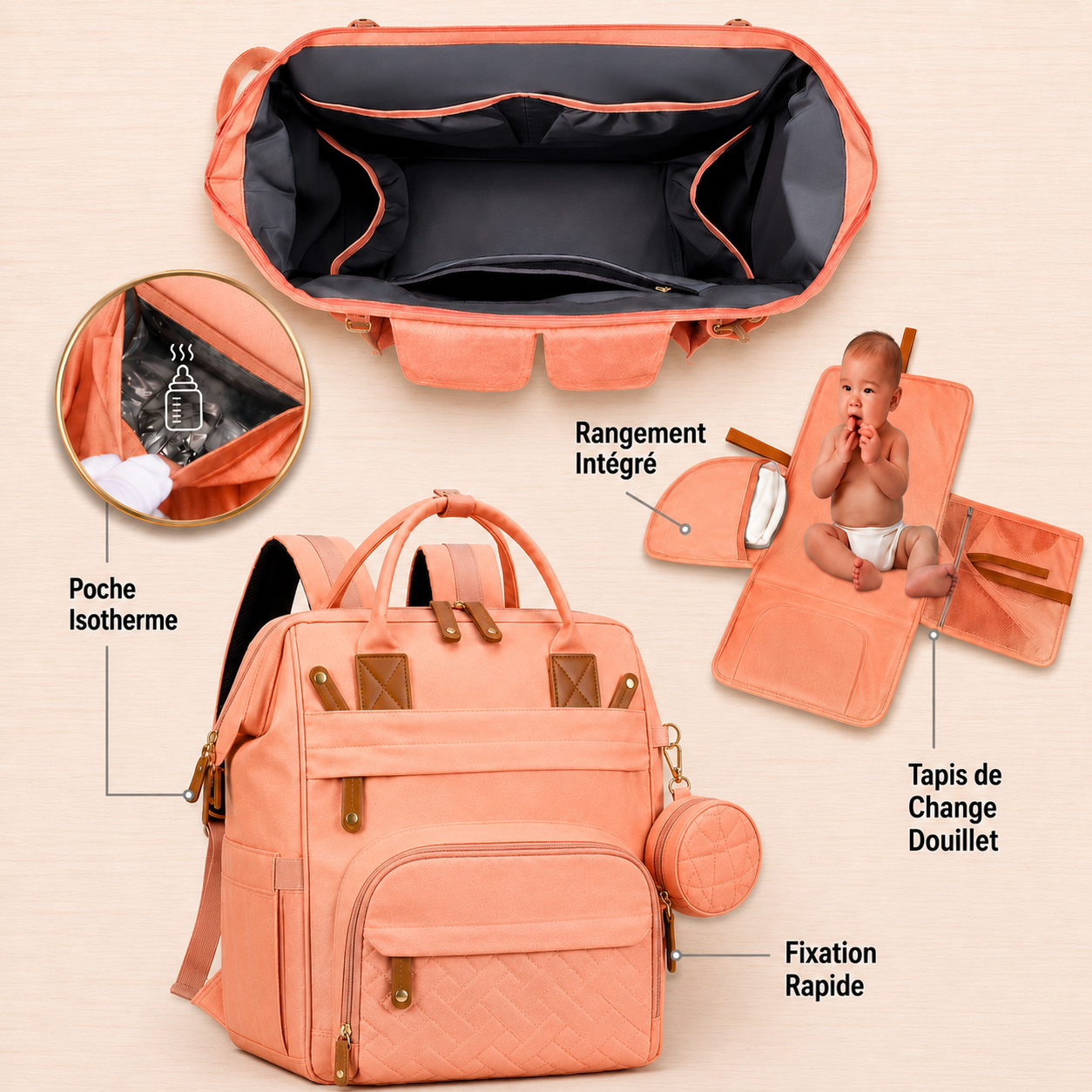 Sac à dos à langer rose saumon - Grande capacité & Isotherme