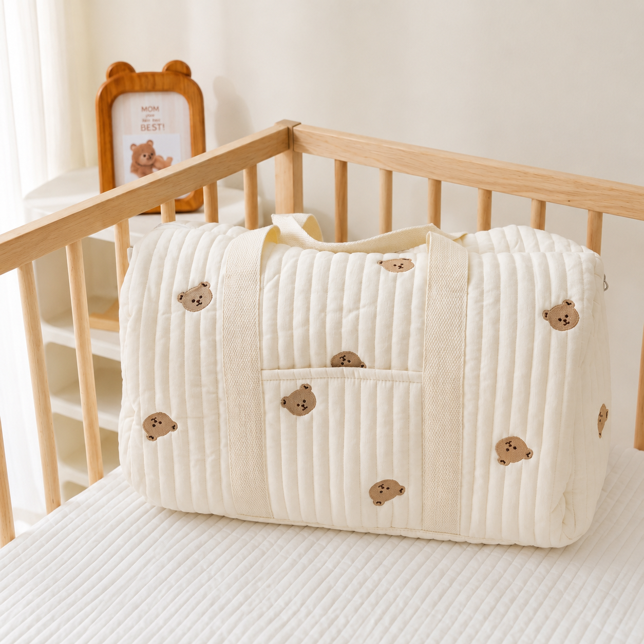 Sac à Langer en Coton Matelassé – Motif Ours Brodé