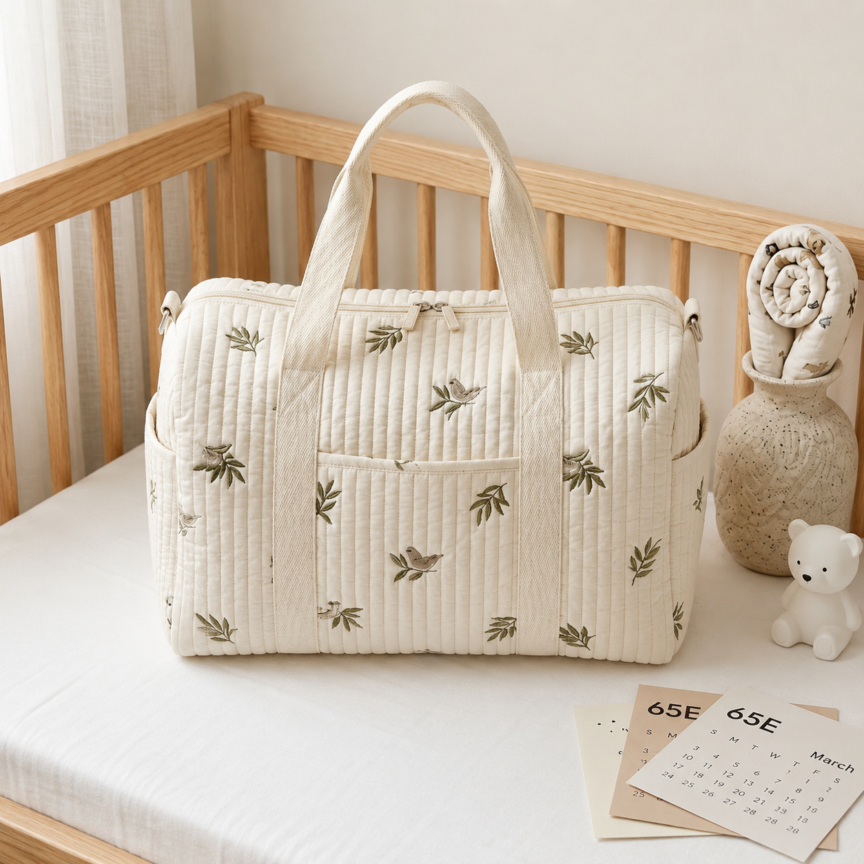 Sac à Langer en Coton Matelassé – Motif Olive Brodé