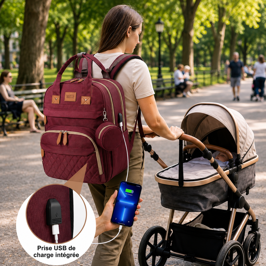 Sac à Langer Convertible avec Berceau Intégré – Rouge Bordeaux